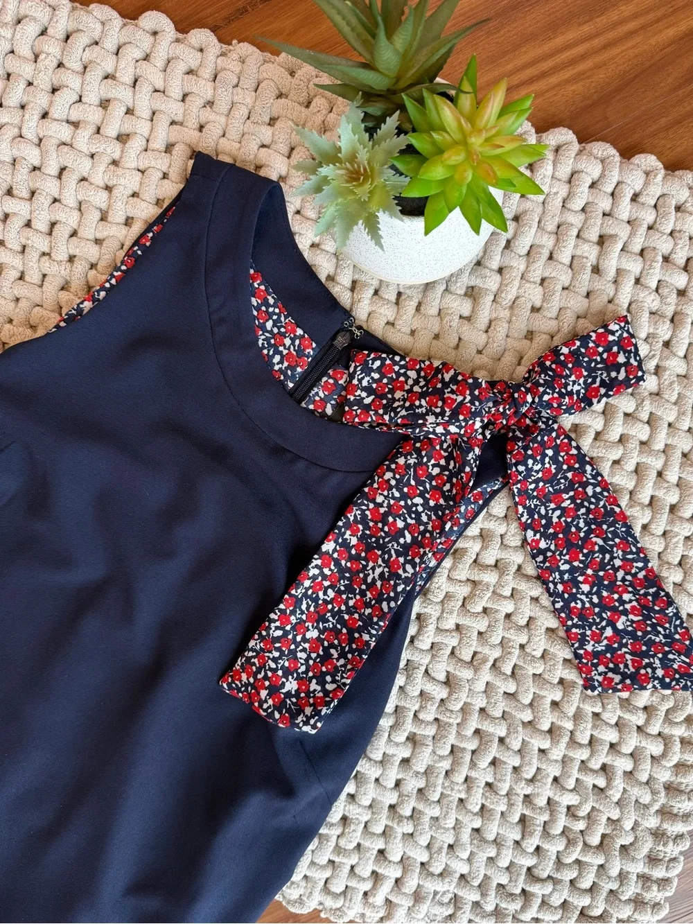 Tahari ASL | Women’s Kaftan Dress with Shoulder Bow Navy with Floral Lining | 2